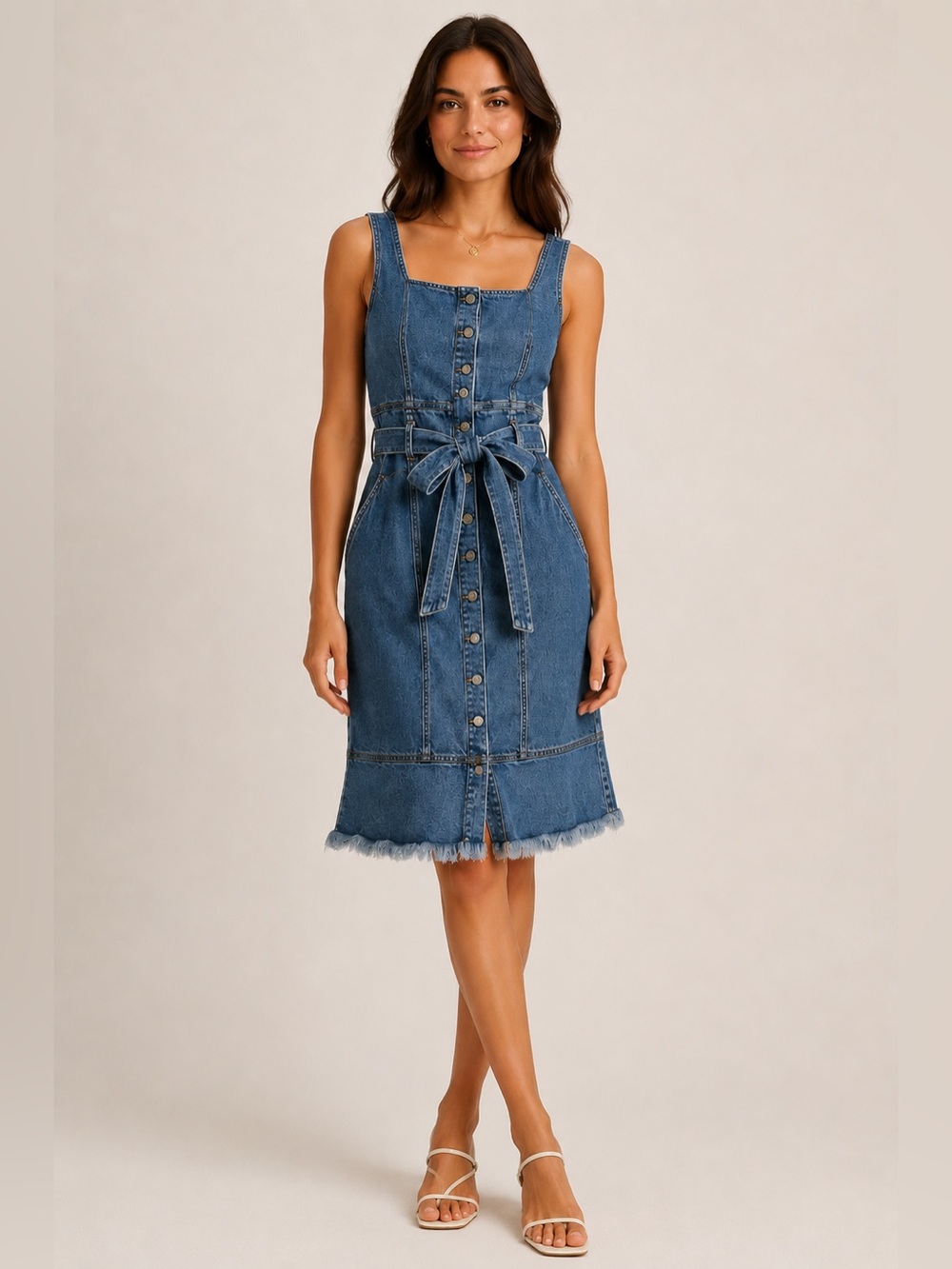 Melissa Odabash Denim Midi Dress Button Front Western Belted Size 8